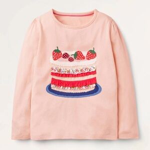 Mini Boden Girls Pink Ruffle Appliqué Long Sleeve Strawberry Cake Shier
